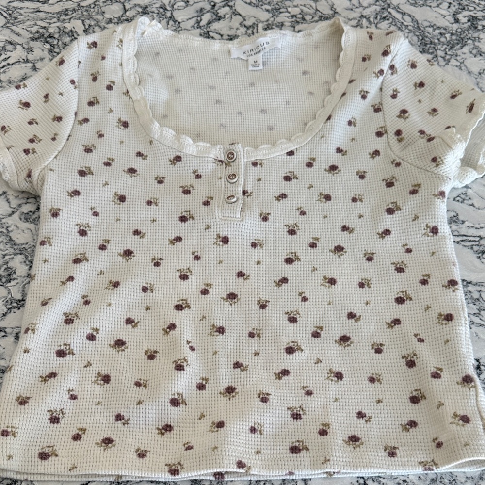 Knox Rose Cream Waffle Knit Floral Henley Tee for Kids